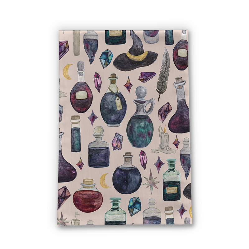 A colorful Potions Pattern Tea Towel made of cotton twill, featuring whimsical potion designs, perfect for kitchen use and decoration.