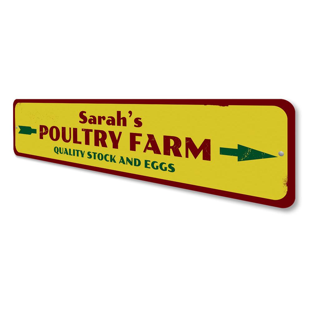 Custom Poultry Farm Sign made of durable aluminum, featuring personalized text and pre-drilled holes for easy mounting.