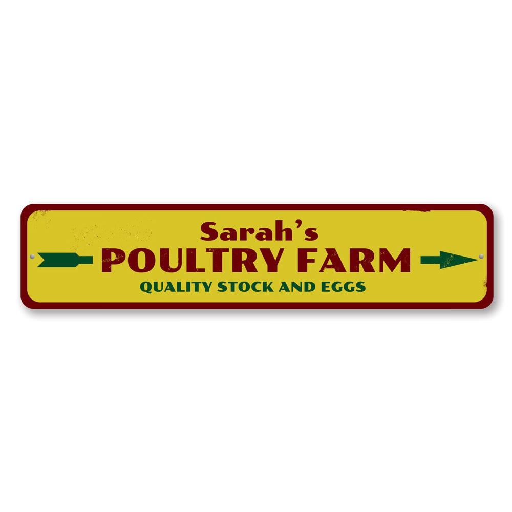 Custom Poultry Farm Sign made of durable aluminum, featuring personalized text and pre-drilled holes for easy mounting.