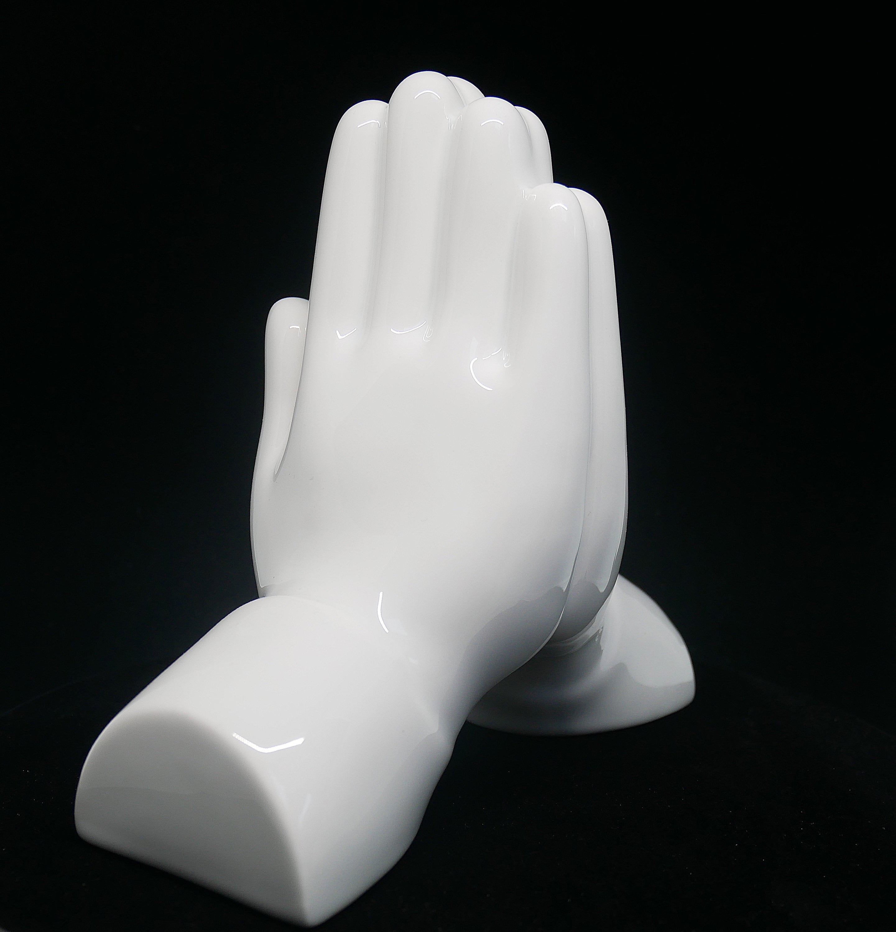 Pray Hands Porcelain sculpture by Matthew Lapenta, crafted from extra white porcelain with a black finish, symbolizing respect and gratitude.