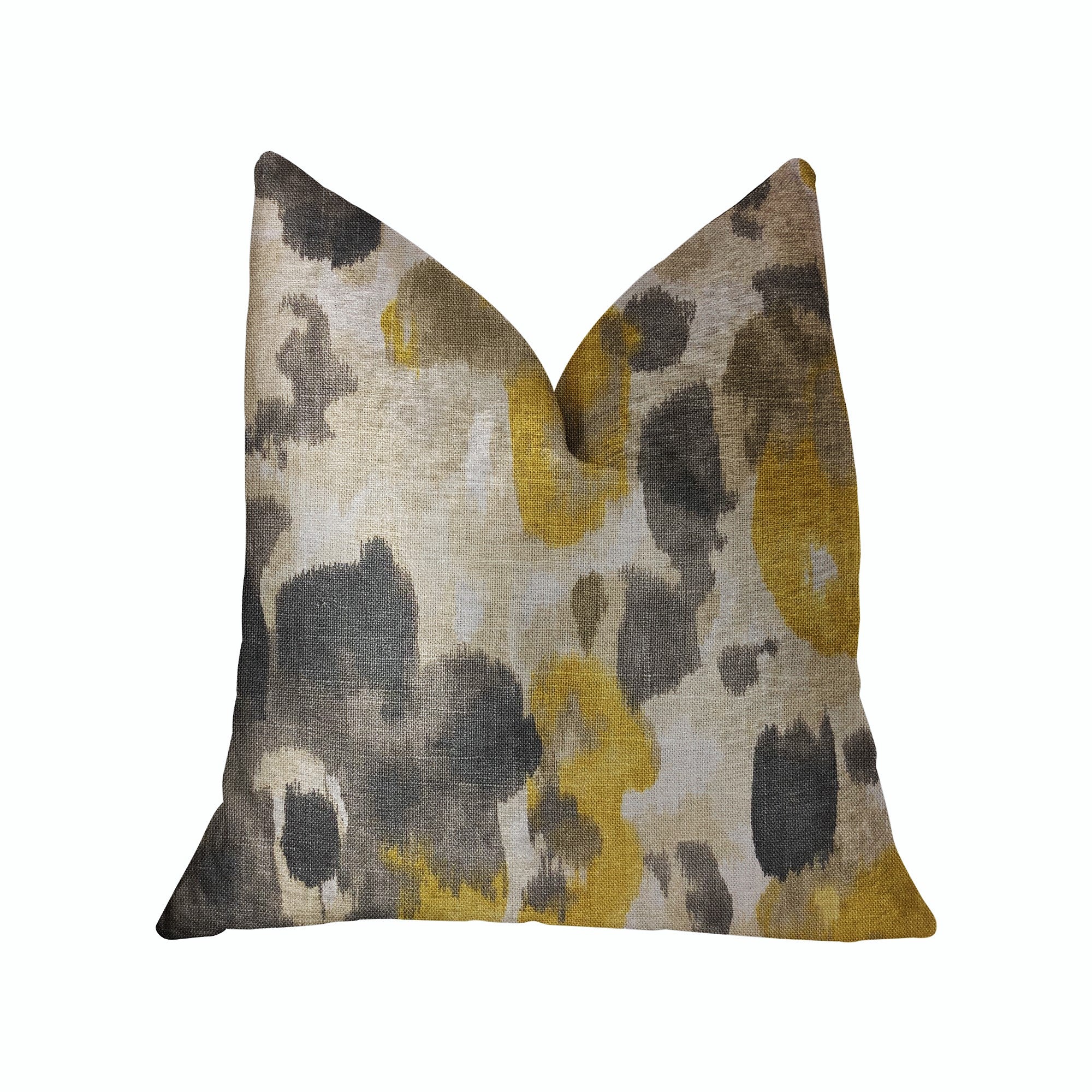 Pretty Passion Yellow, Beige and Gray Luxury Throw Pillow showcasing vibrant colors and floral pattern, handmade in the USA.