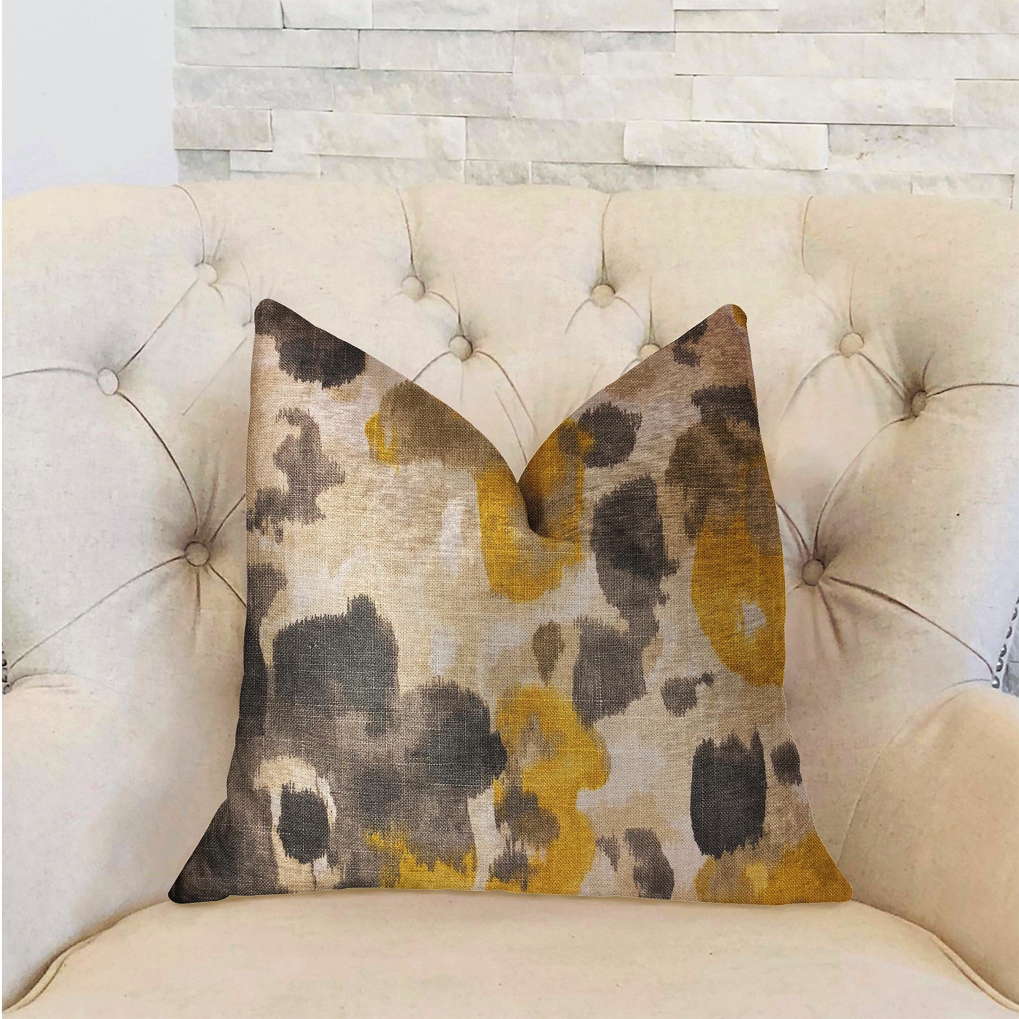 Pretty Passion Yellow, Beige and Gray Luxury Throw Pillow showcasing vibrant colors and floral pattern, handmade in the USA.