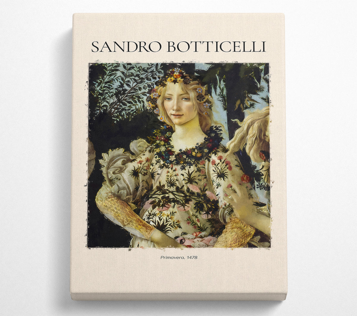 A high-quality canvas print of Primavera, 1478 by Sandro Botticelli, mounted on a 44mm box frame, showcasing vibrant colors and intricate details.