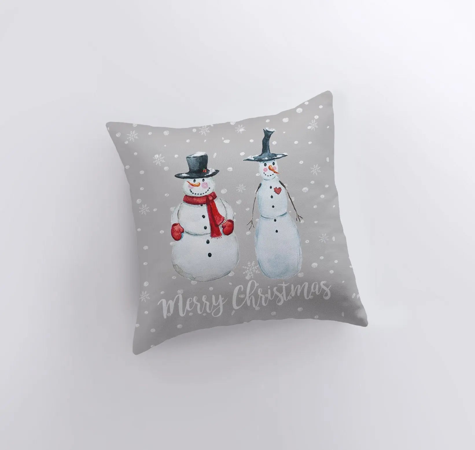 Primitive Snowmen Throw Pillow Cover featuring two snowmen in top hats on a tan gray background, perfect for rustic Christmas decor.