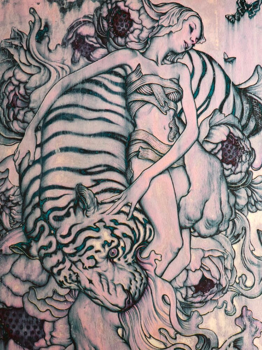 Print TIGER III by James Jean featuring vibrant colors, gold foil accents, and intricate floral designs on premium cotton-rag paper.