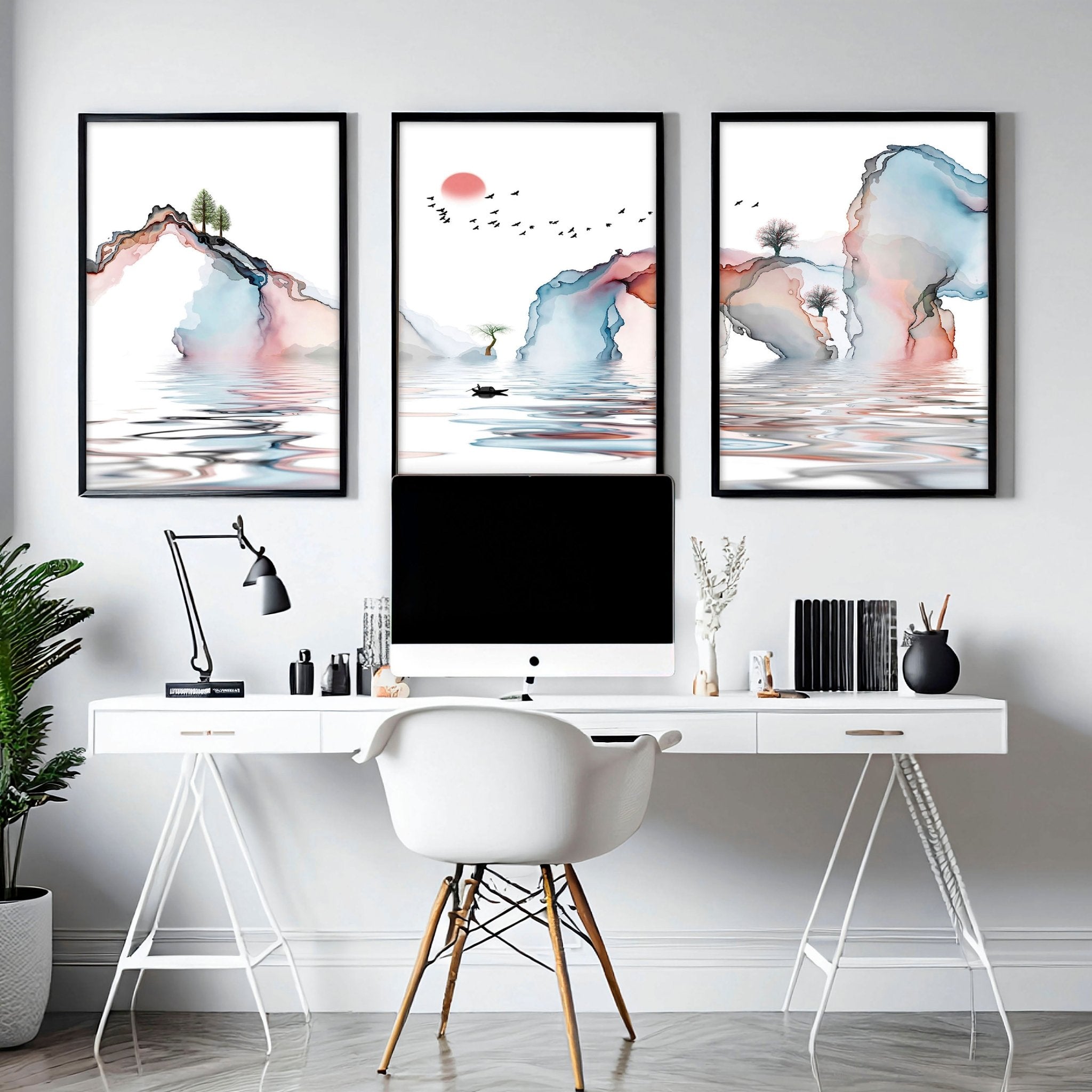 Set of 3 framed wall art prints featuring a serene Japanese sunset in teal and coral red hues, perfect for office decor.