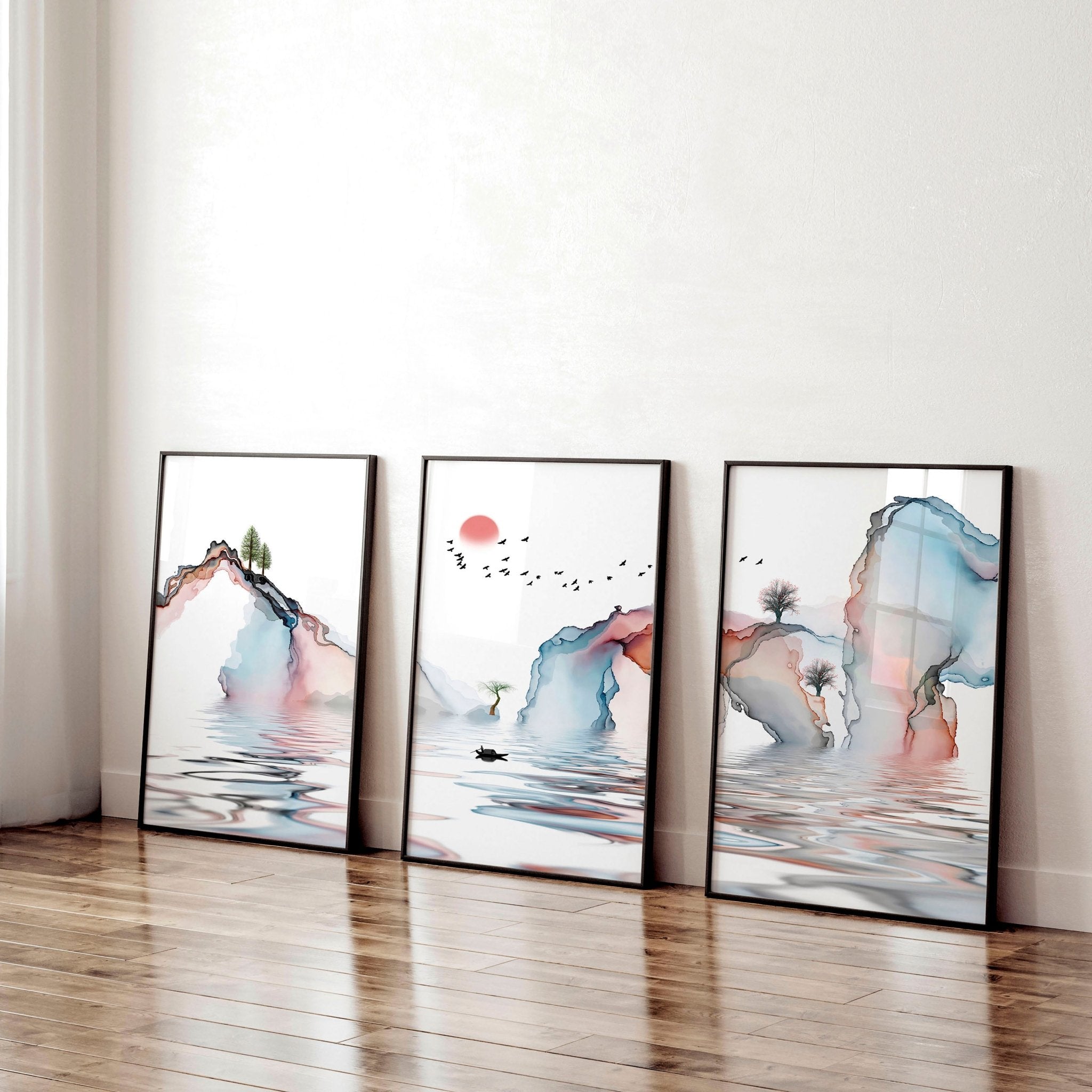 Set of 3 framed wall art prints featuring a serene Japanese sunset in teal and coral red hues, perfect for office decor.