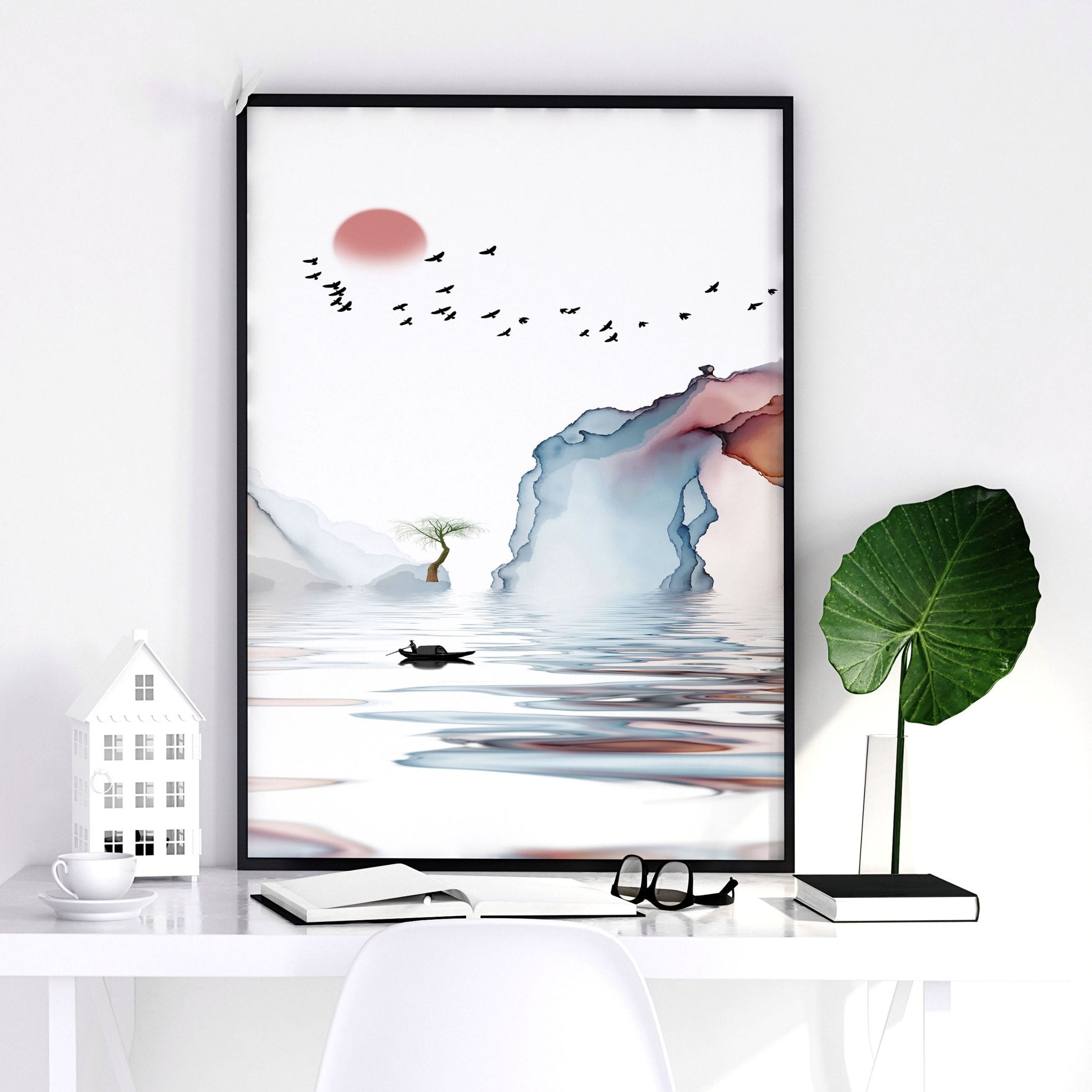 Set of 3 framed wall art prints featuring a serene Japanese sunset in teal and coral red hues, perfect for office decor.