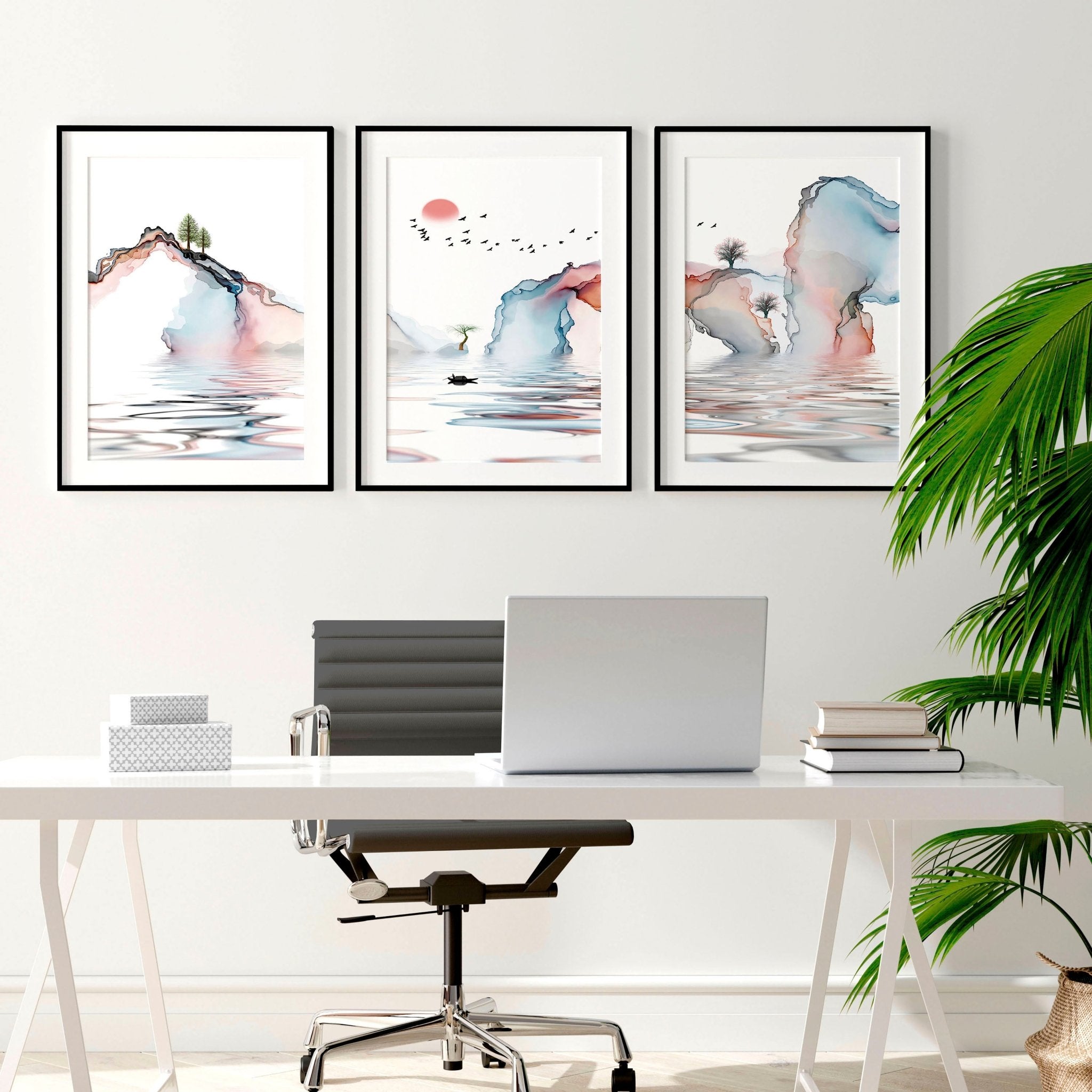 Set of 3 framed wall art prints featuring a serene Japanese sunset in teal and coral red hues, perfect for office decor.