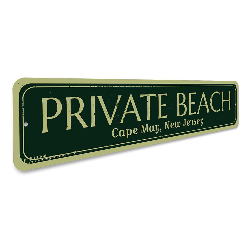 A decorative Private Beach Location Sign made of high-quality aluminum, featuring customizable text and pre-drilled holes for easy mounting.