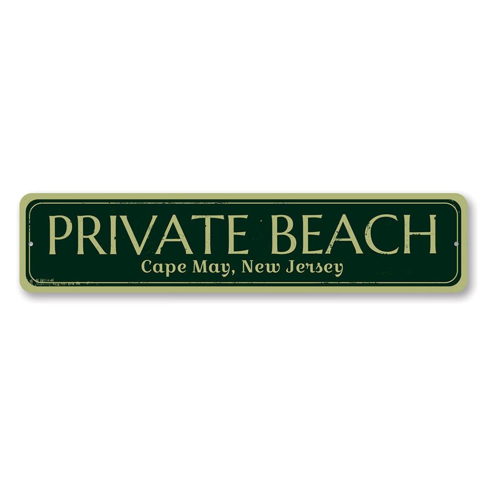 A decorative Private Beach Location Sign made of high-quality aluminum, featuring customizable text and pre-drilled holes for easy mounting.