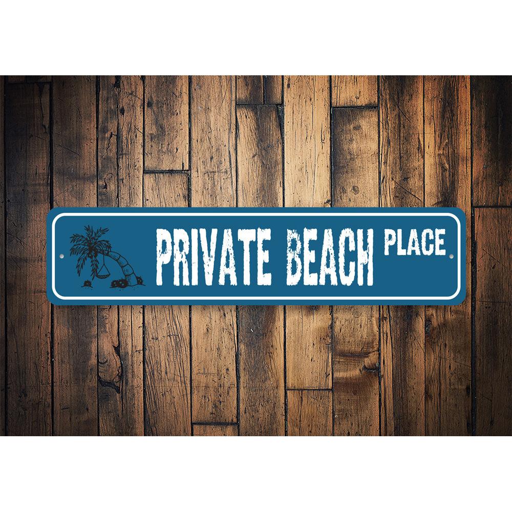 A decorative Private Beach Street Sign made of high-quality aluminum, featuring customizable text and pre-drilled holes for easy mounting.