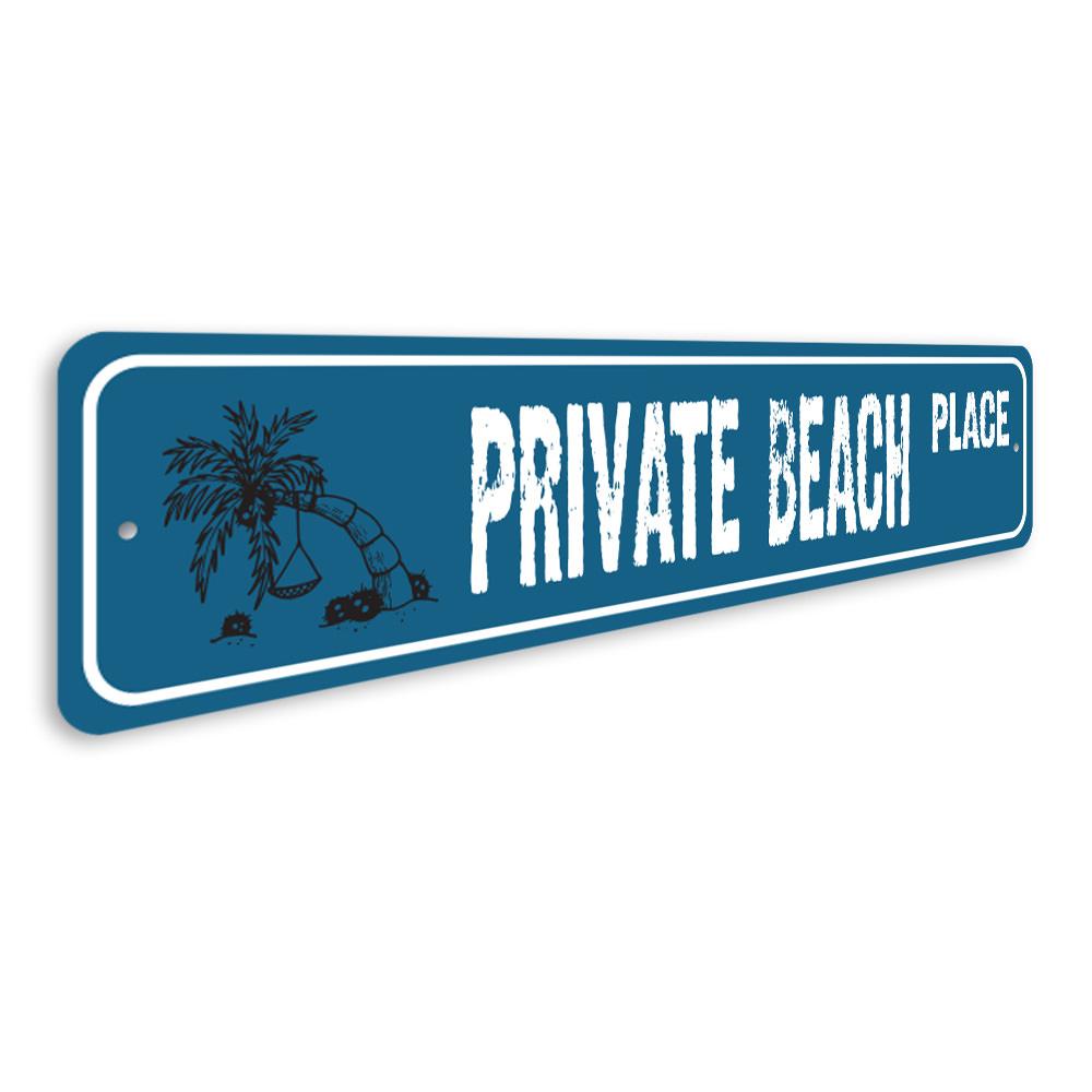 A decorative Private Beach Street Sign made of high-quality aluminum, featuring customizable text and pre-drilled holes for easy mounting.