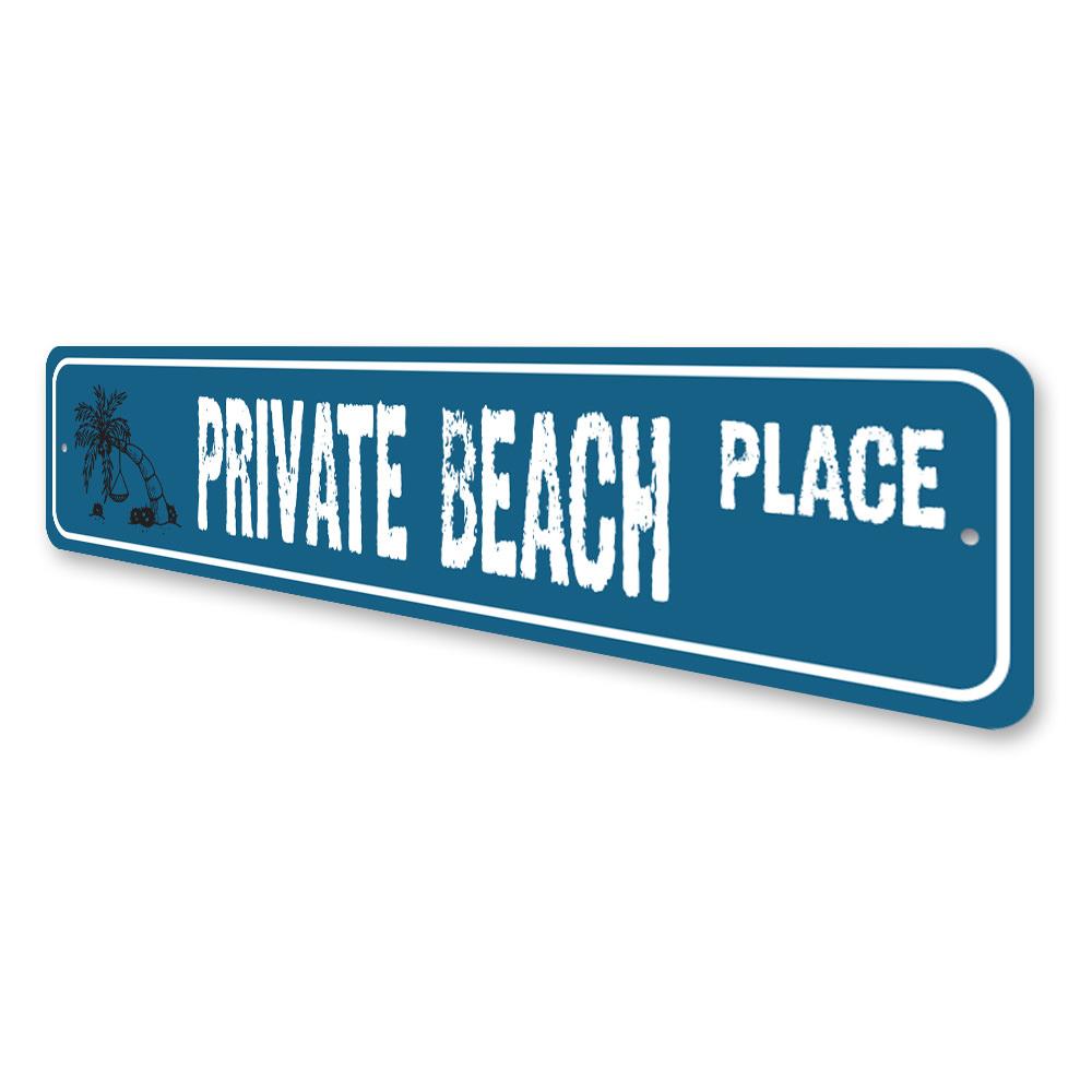 A decorative Private Beach Street Sign made of high-quality aluminum, featuring customizable text and pre-drilled holes for easy mounting.