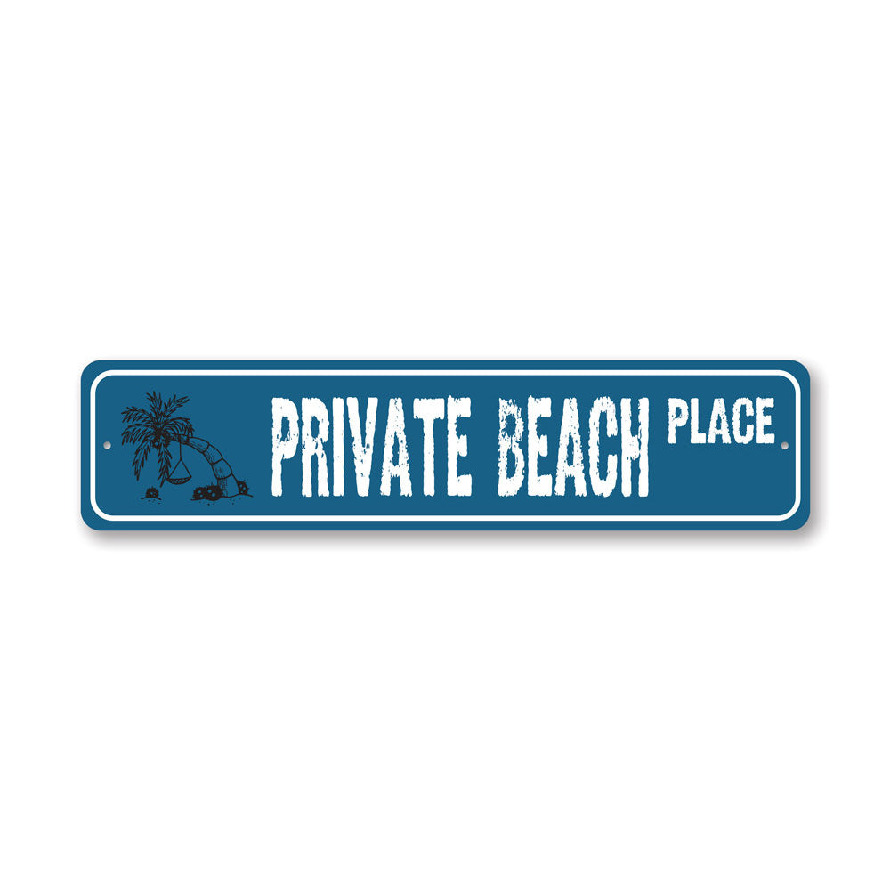 A decorative Private Beach Street Sign made of high-quality aluminum, featuring customizable text and pre-drilled holes for easy mounting.