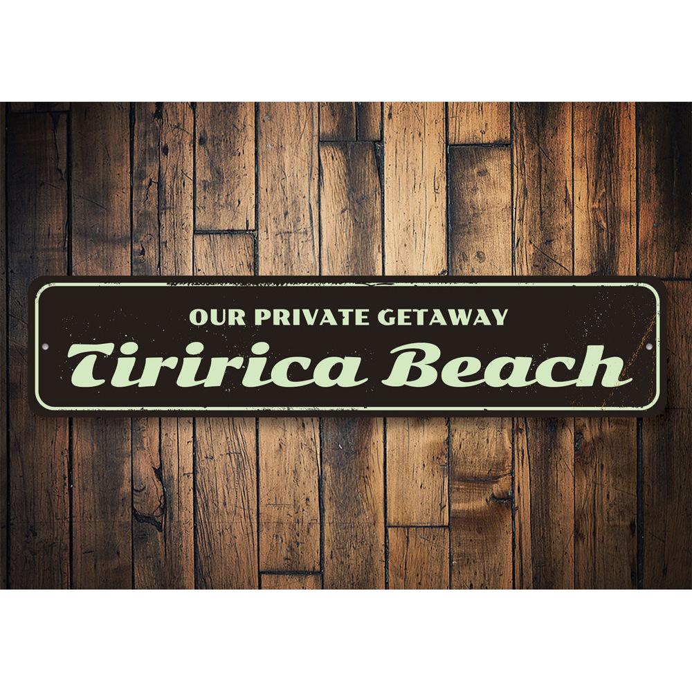 Customizable Private Getaway Sign made of high-quality aluminum, featuring a beach-themed design, perfect for home decor.