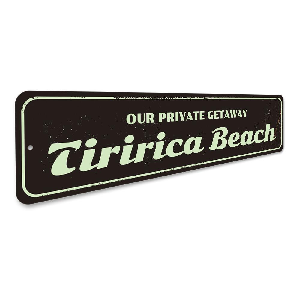 Customizable Private Getaway Sign made of high-quality aluminum, featuring a beach-themed design, perfect for home decor.