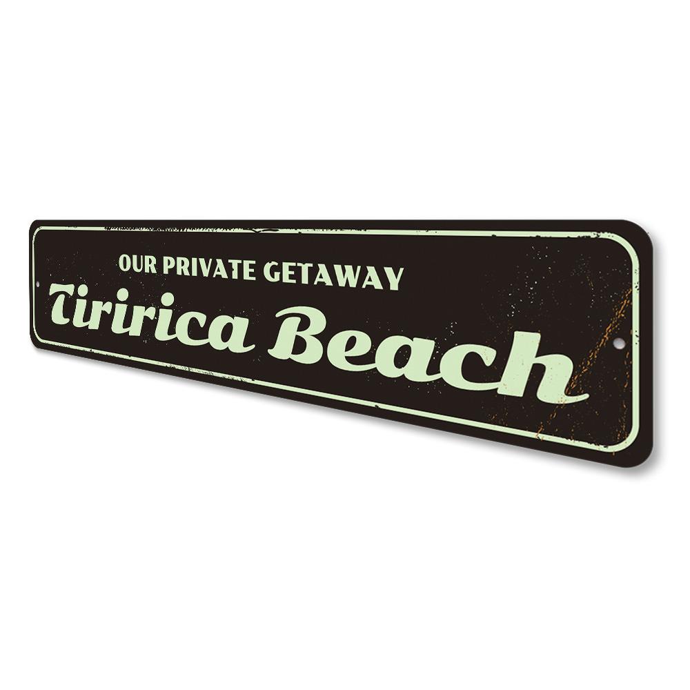 Customizable Private Getaway Sign made of high-quality aluminum, featuring a beach-themed design, perfect for home decor.