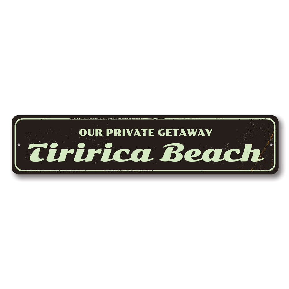 Customizable Private Getaway Sign made of high-quality aluminum, featuring a beach-themed design, perfect for home decor.