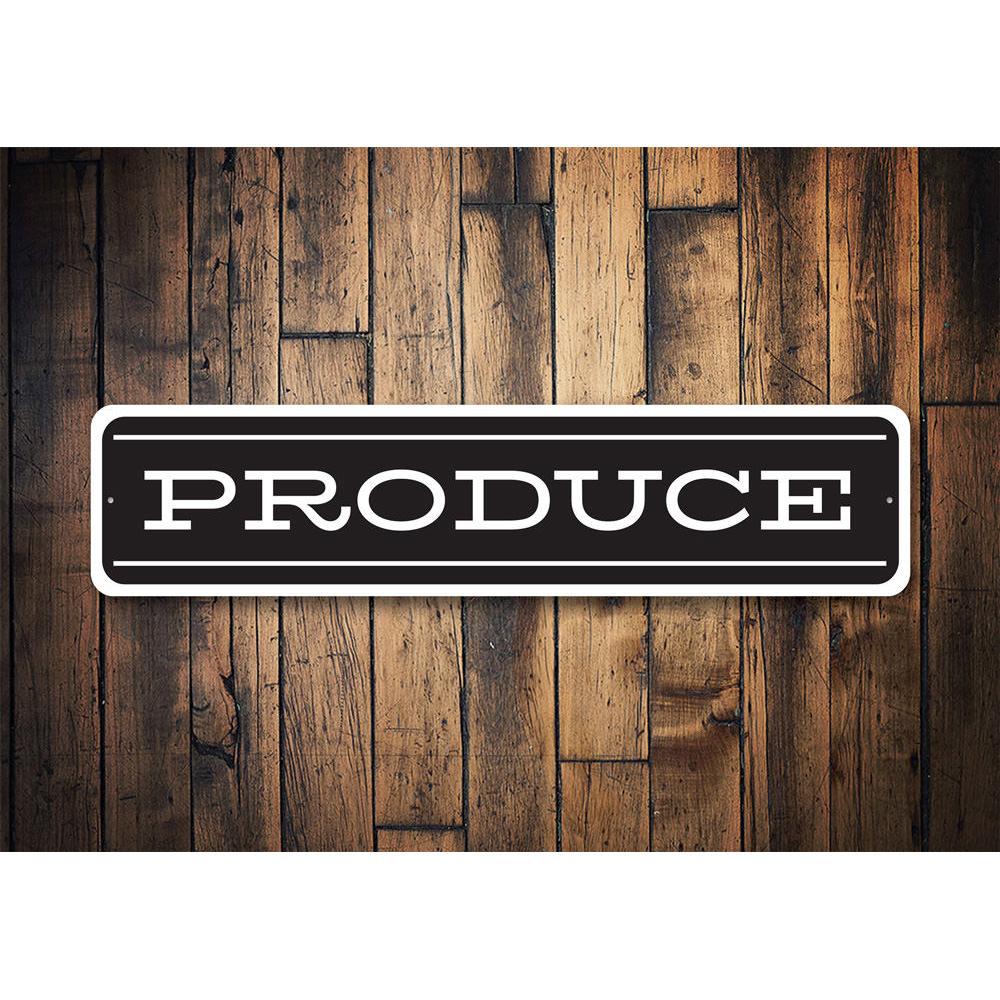 Customizable metal Produce Sign made from high-quality aluminum, featuring pre-drilled holes for easy mounting.