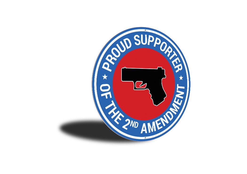 A decorative metal sign displaying the text 'Proud Supporter of the 2nd Amendment', featuring a stylish design suitable for home decor.