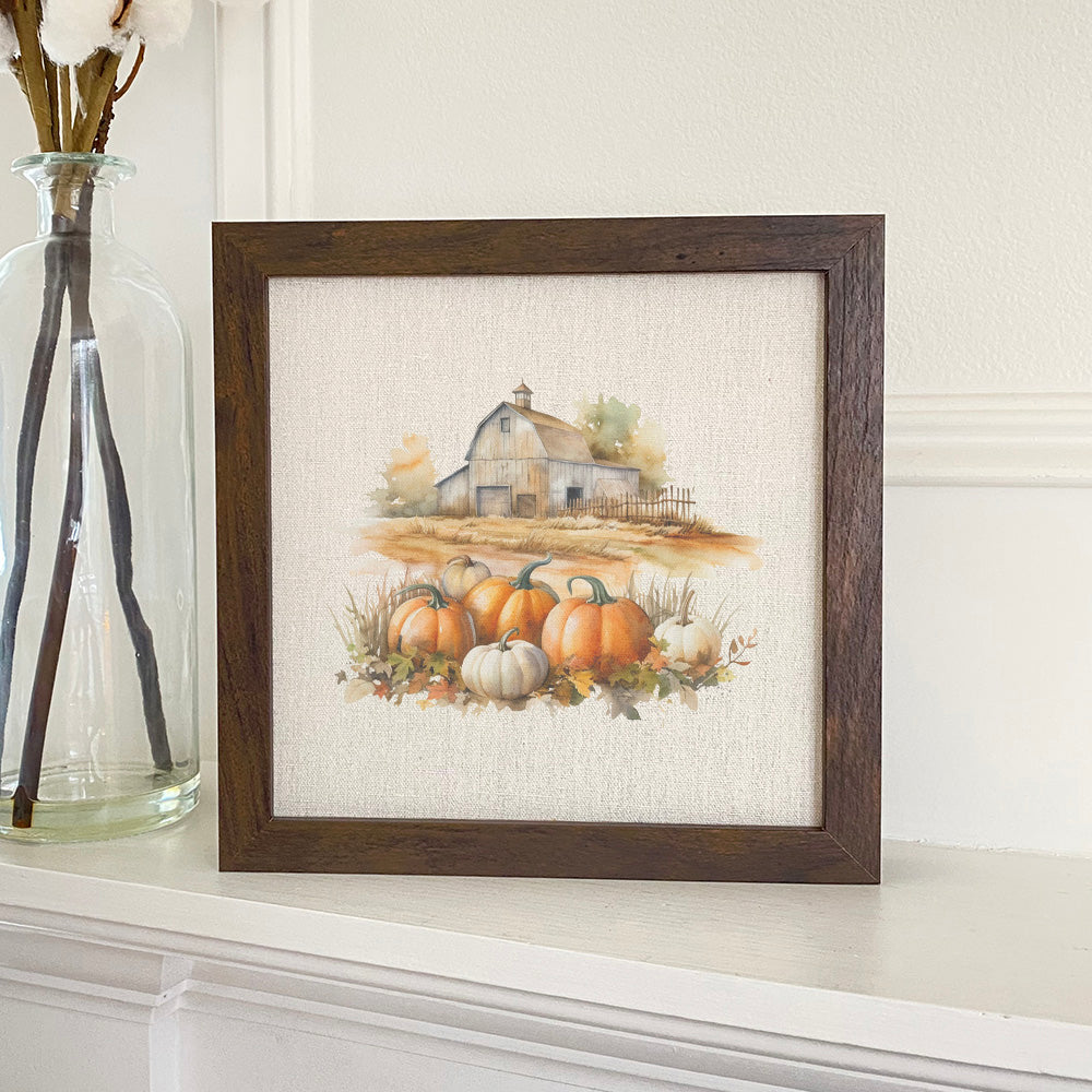 Pumpkin Farm Framed Sign with wood frame, eco-friendly printing, and linen-look background.