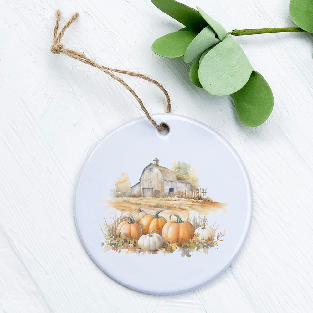 A beautifully crafted Pumpkin Farm ornament made of high-quality porcelain, featuring vibrant autumn designs.