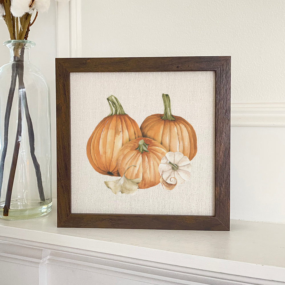 Pumpkin Harvest framed sign with a stylized wood frame, featuring eco-friendly ink printing on a linen-look background.