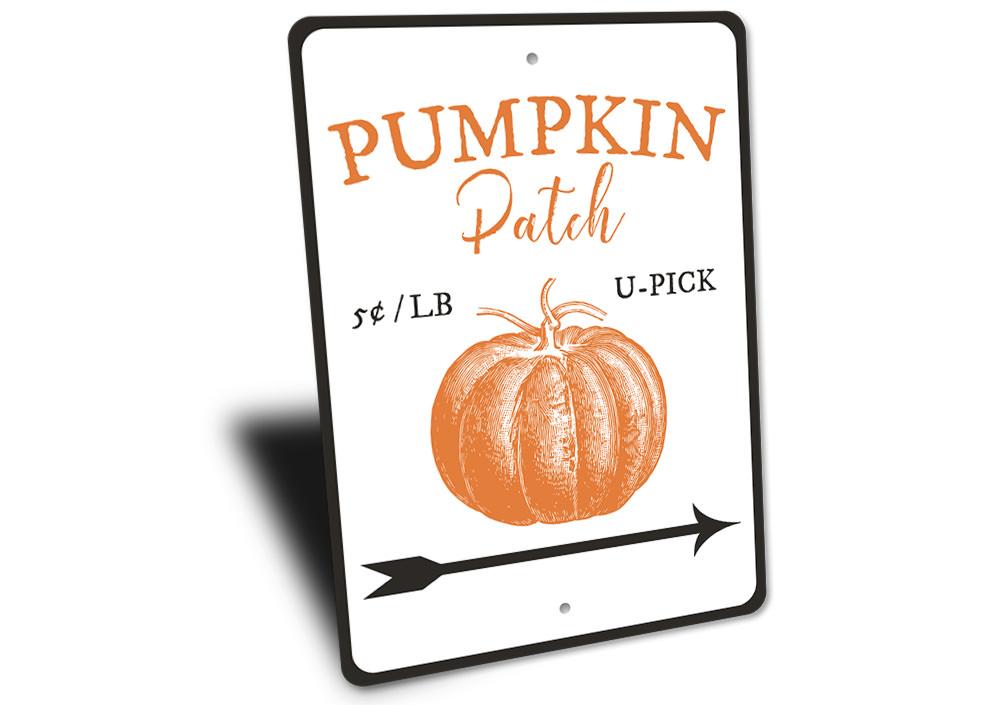 A decorative Pumpkin Patch Sign made of high-quality aluminum, featuring spooky Halloween-themed graphics, perfect for indoor and outdoor decor.