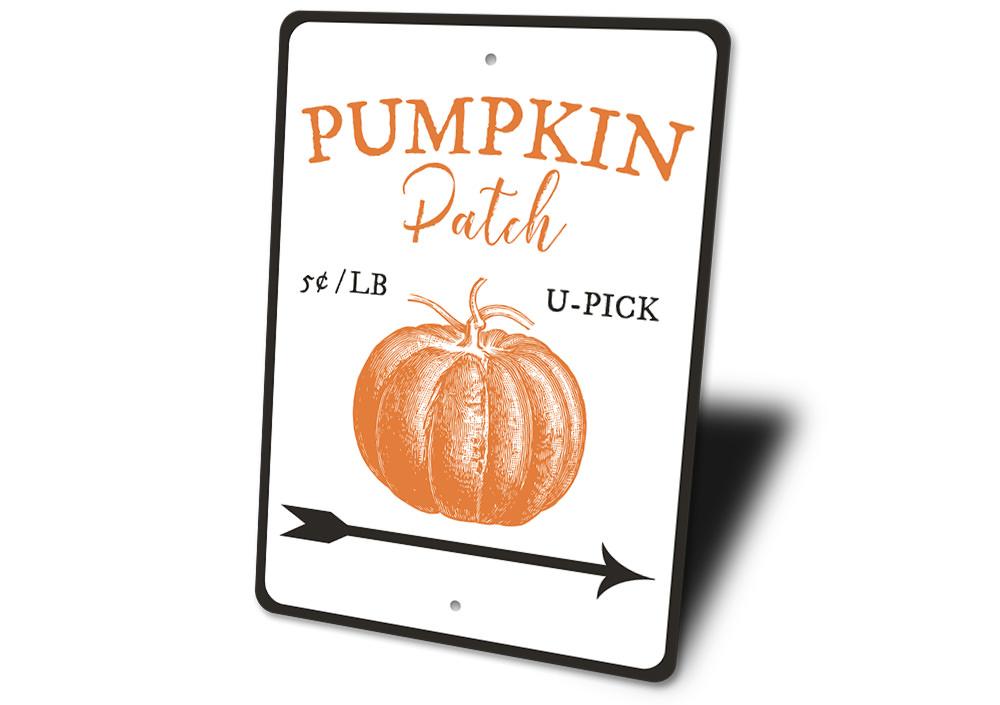 A decorative Pumpkin Patch Sign made of high-quality aluminum, featuring spooky Halloween-themed graphics, perfect for indoor and outdoor decor.