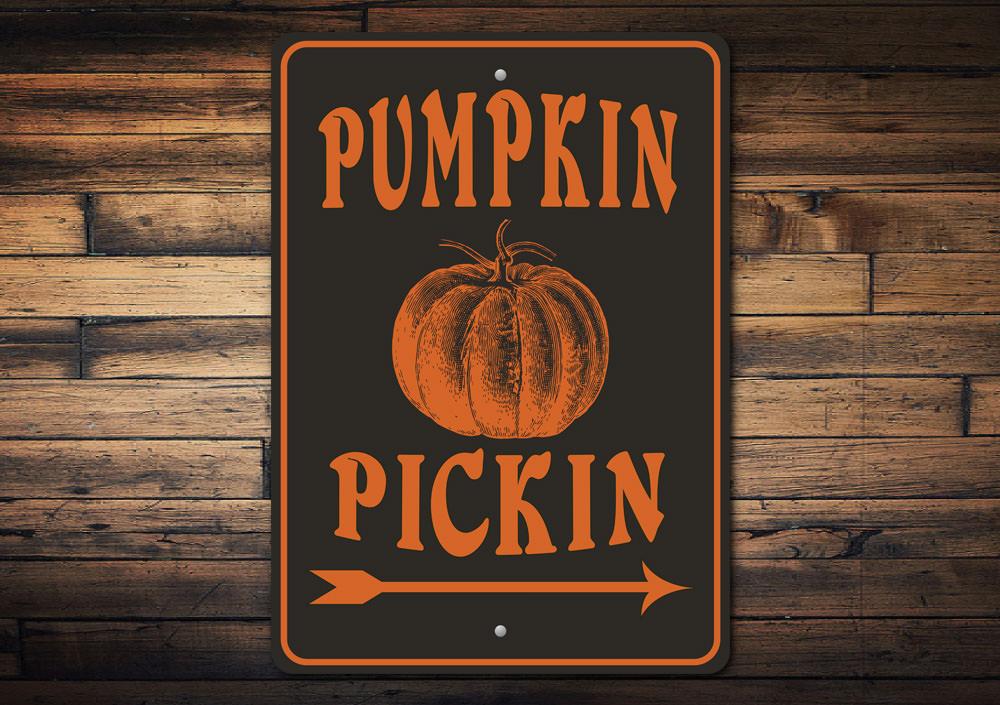 Pumpkin Pickin This Way Sign made of high-quality aluminum, featuring autumn-themed design, perfect for home decor.