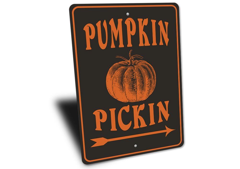 Pumpkin Pickin This Way Sign made of high-quality aluminum, featuring autumn-themed design, perfect for home decor.