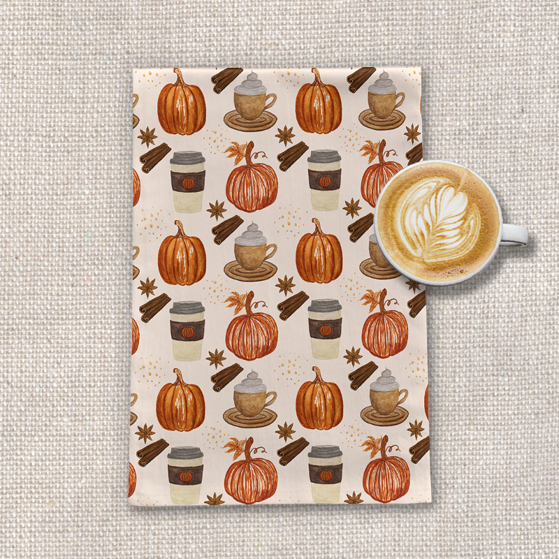 Pumpkin Spice Coffee Tea Towel featuring a cozy autumn design, made from durable cotton twill, measuring 18x30 inches.