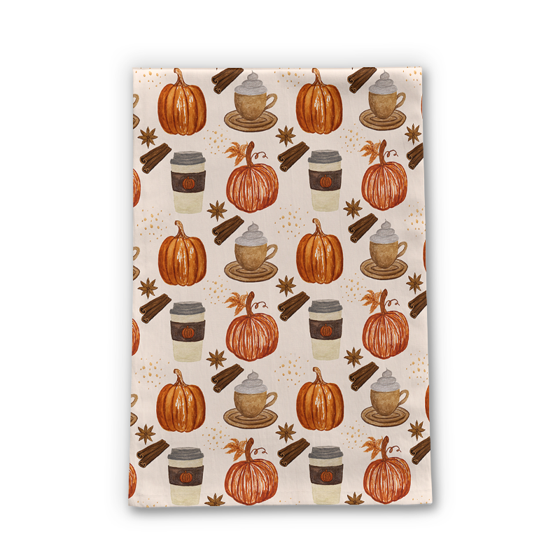 Pumpkin Spice Coffee Tea Towel featuring a cozy autumn design, made from durable cotton twill, measuring 18x30 inches.