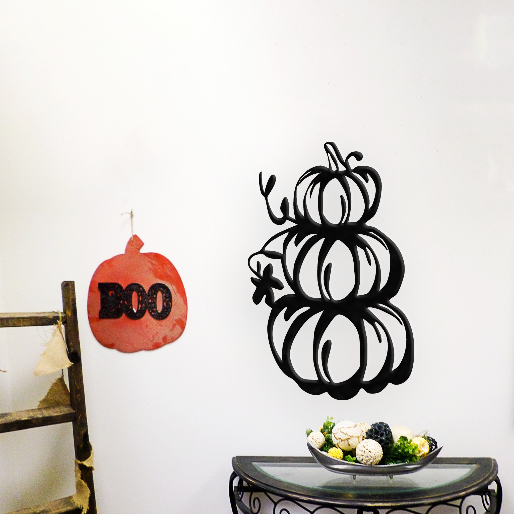 Pumpkin Stack Metal Wall Art featuring stacked pumpkins in a charming design, crafted from high-quality steel with a low gloss finish.