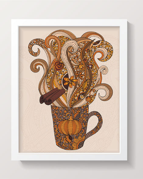 A vibrant 8x10 archival art print featuring a cozy pumpkins latte design, showcasing original pen and ink art with digital coloring.