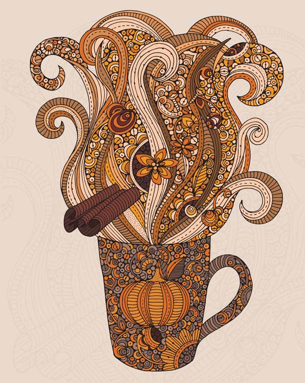 A vibrant 8x10 archival art print featuring a cozy pumpkins latte design, showcasing original pen and ink art with digital coloring.