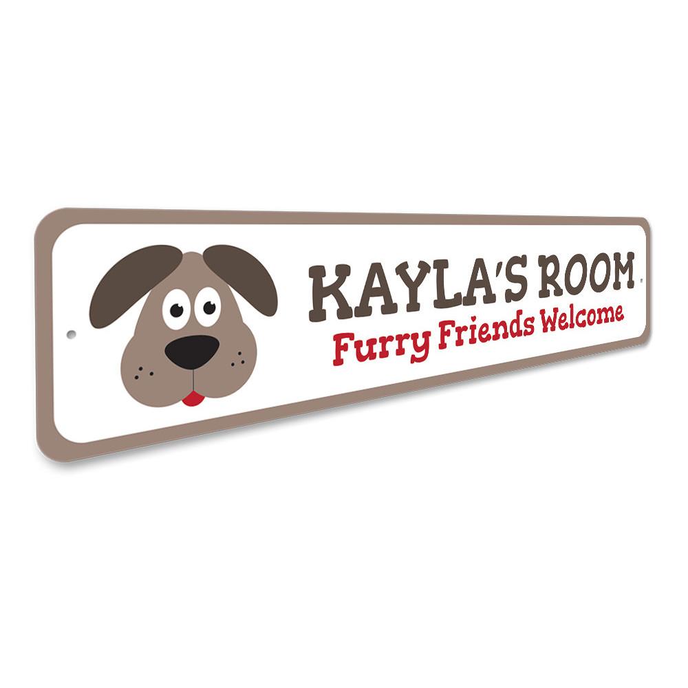 A colorful Puppy Kids Room Sign made of aluminum, featuring a playful design perfect for children's room decor.