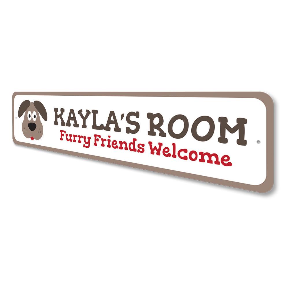 A colorful Puppy Kids Room Sign made of aluminum, featuring a playful design perfect for children's room decor.