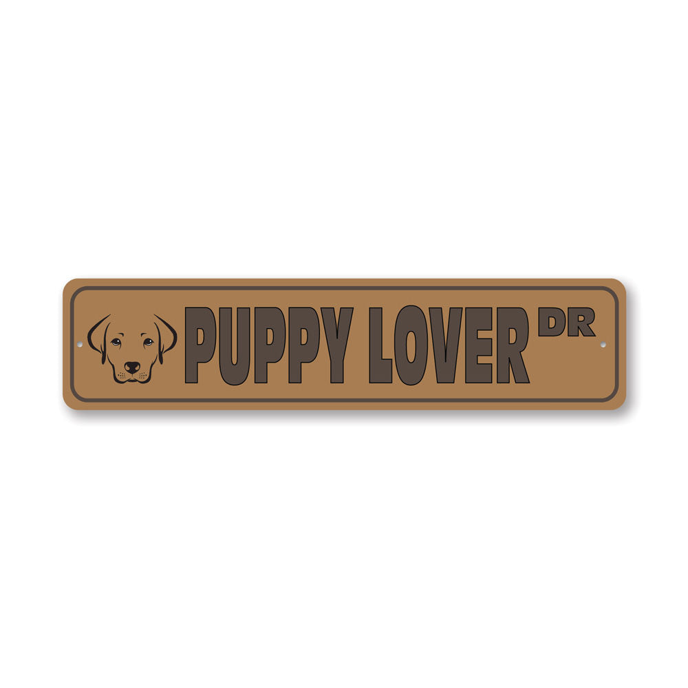 A colorful Puppy Street Sign made of durable aluminum, featuring a playful dog design, perfect for home decor.