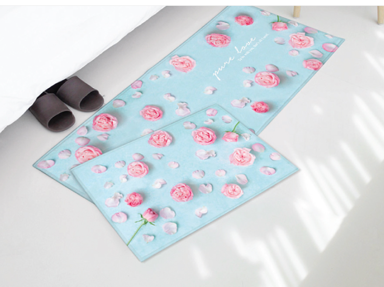 Pure Love floor mat and kitchen mat set featuring high-quality microfiber and non-slip design, ideal for home decor.