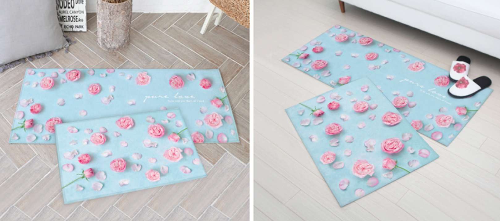 Pure Love floor mat and kitchen mat set featuring high-quality microfiber and non-slip design, ideal for home decor.