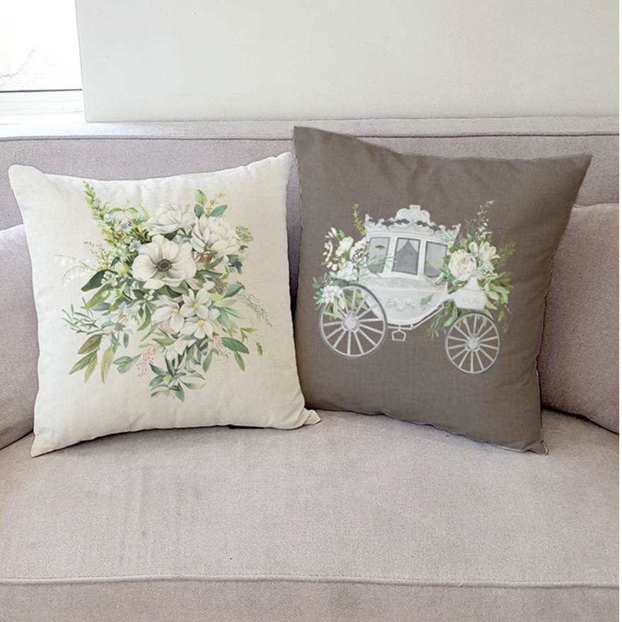 Pure White Carriage decorative pillow with double-sided design, showcasing high-quality microfiber material.