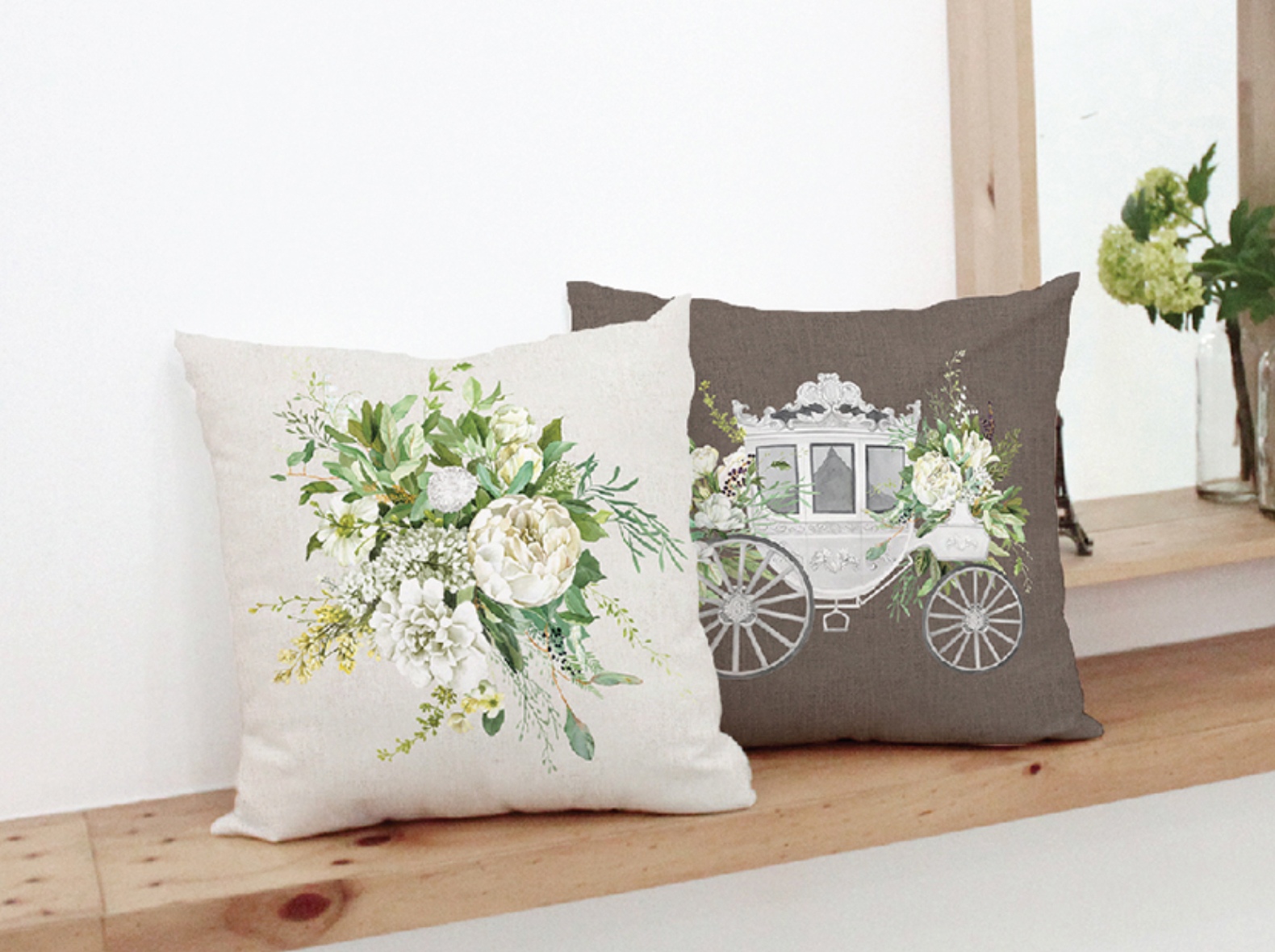 Pure White Carriage decorative pillow with double-sided design, showcasing high-quality microfiber material.