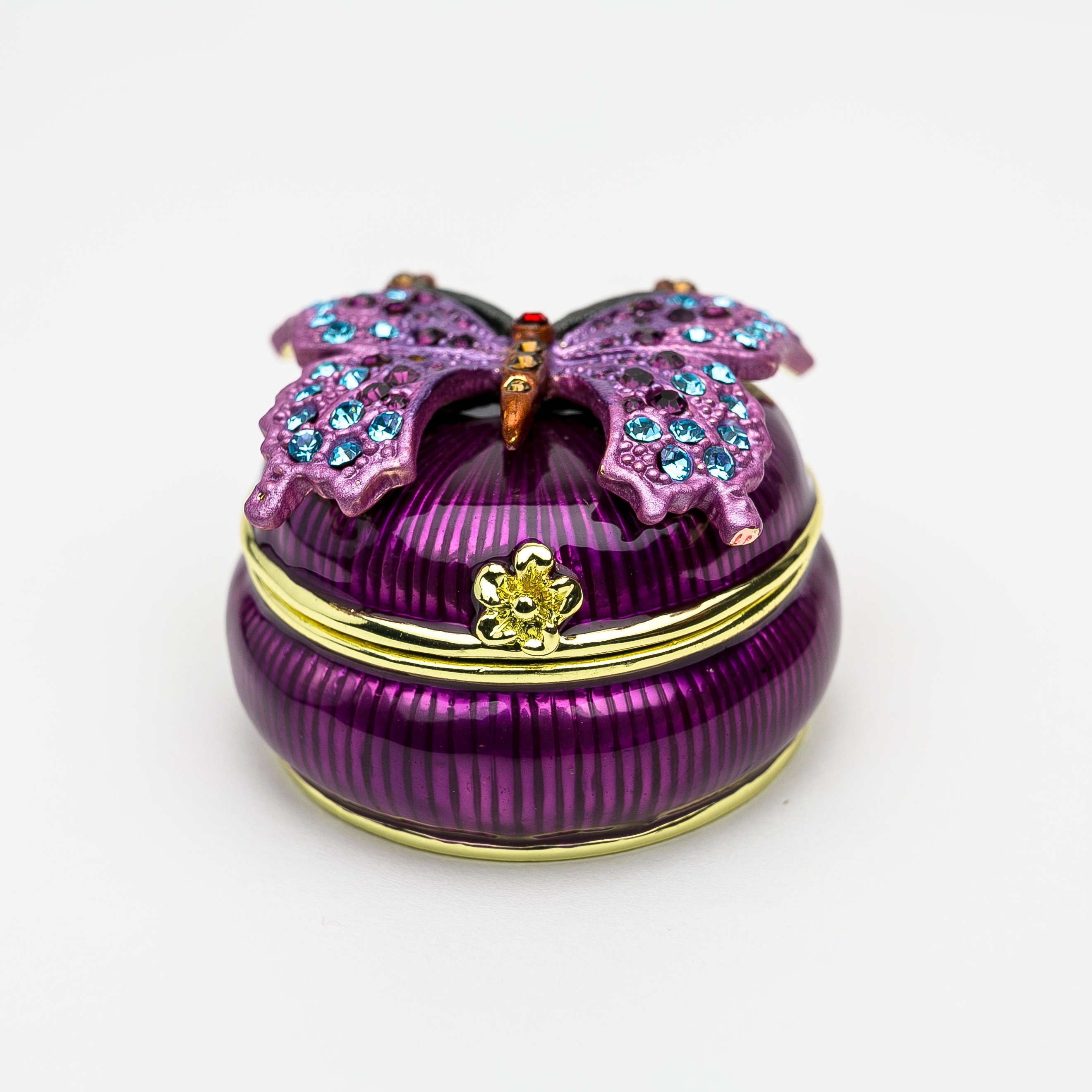 Purple trinket box with butterfly design, adorned with Austrian crystals and gold or silver plating.