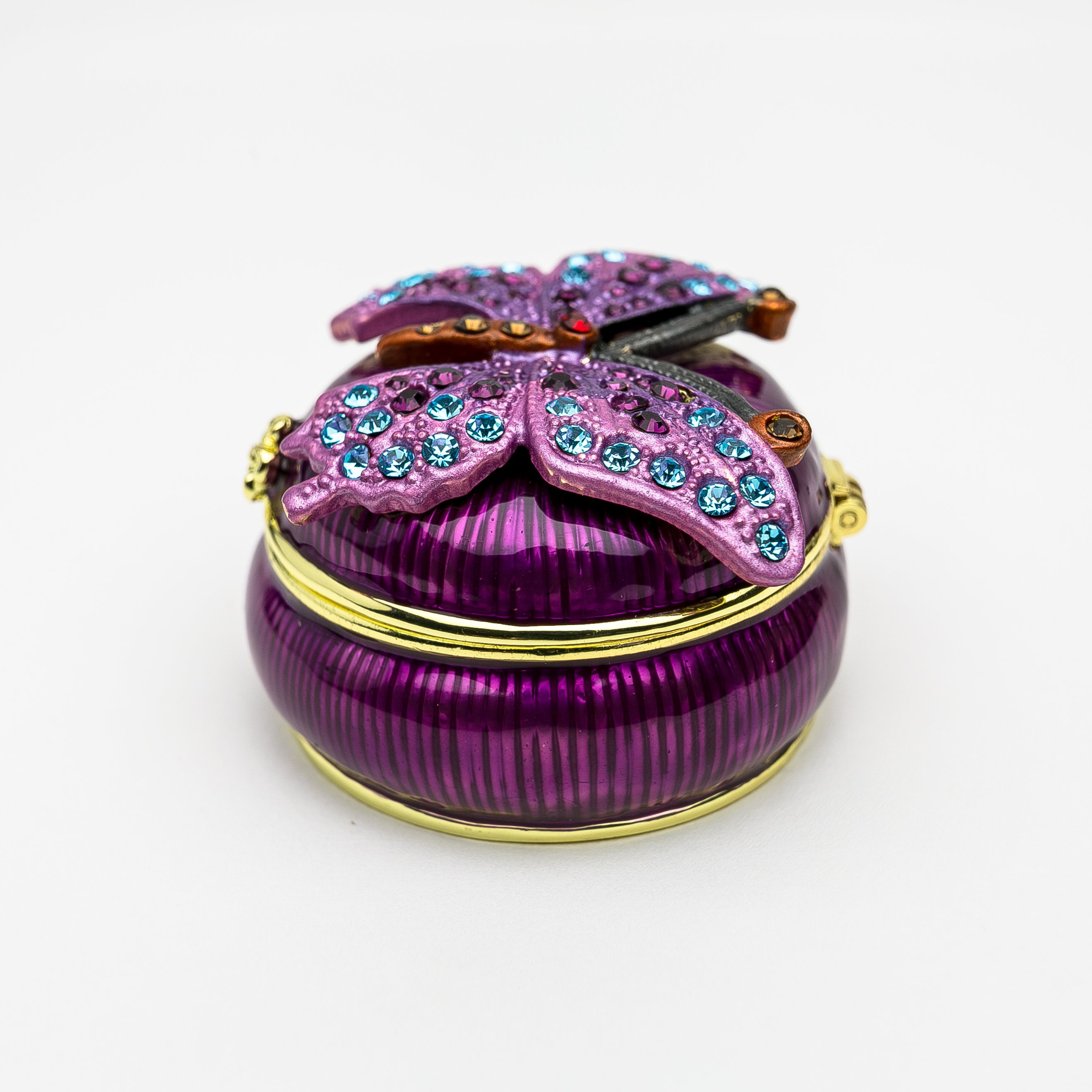 Purple trinket box with butterfly design, adorned with Austrian crystals and gold or silver plating.