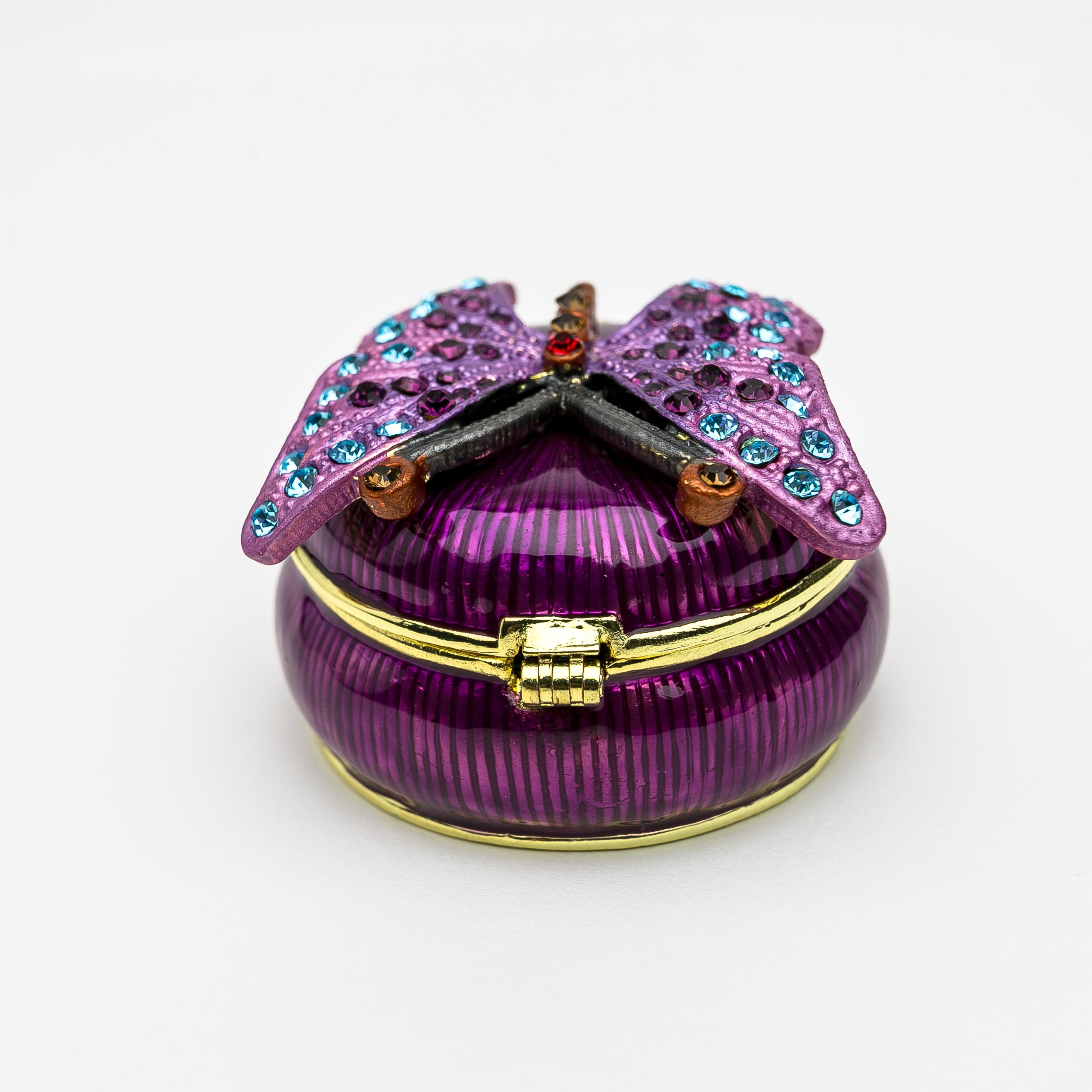 Purple trinket box with butterfly design, adorned with Austrian crystals and gold or silver plating.