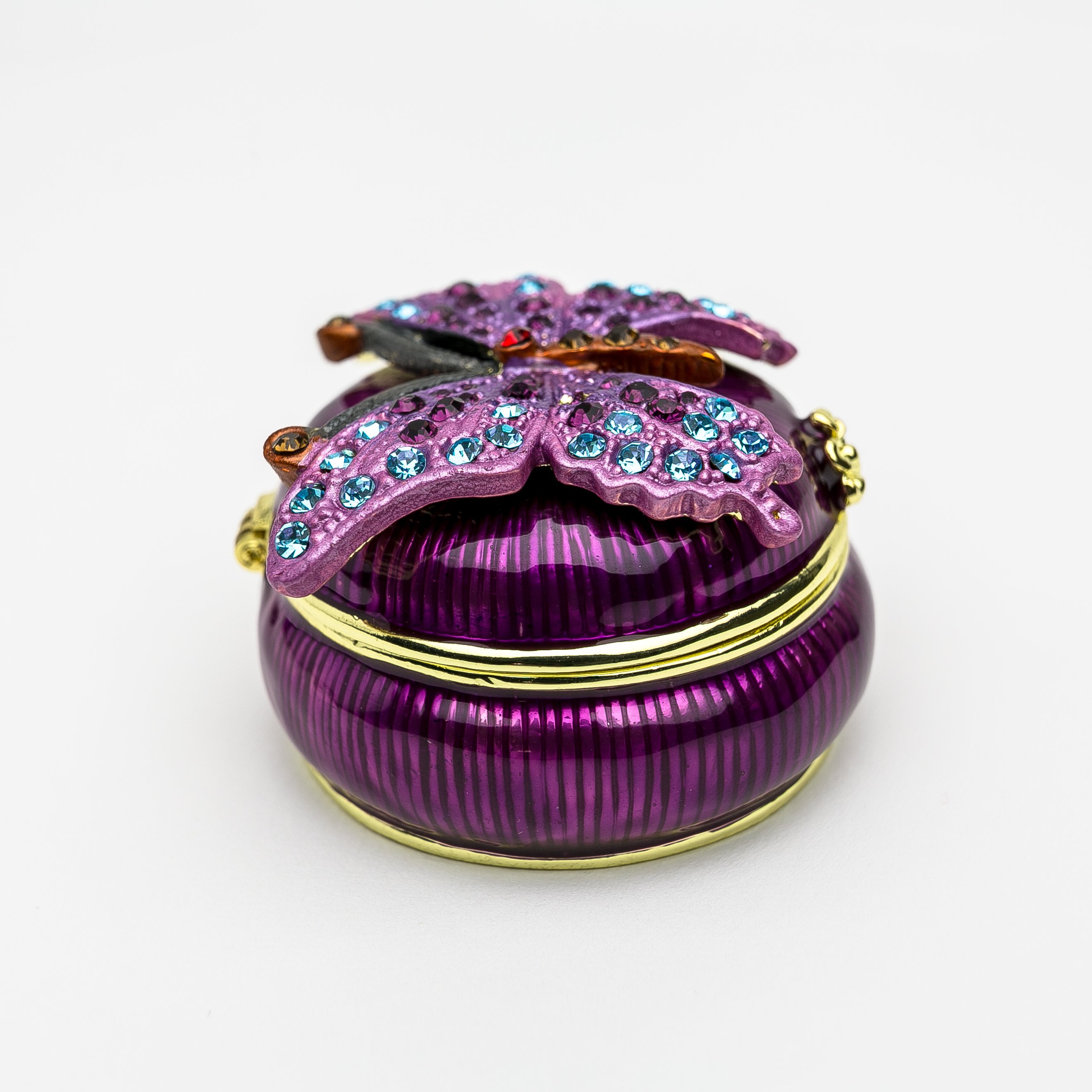 Purple trinket box with butterfly design, adorned with Austrian crystals and gold or silver plating.