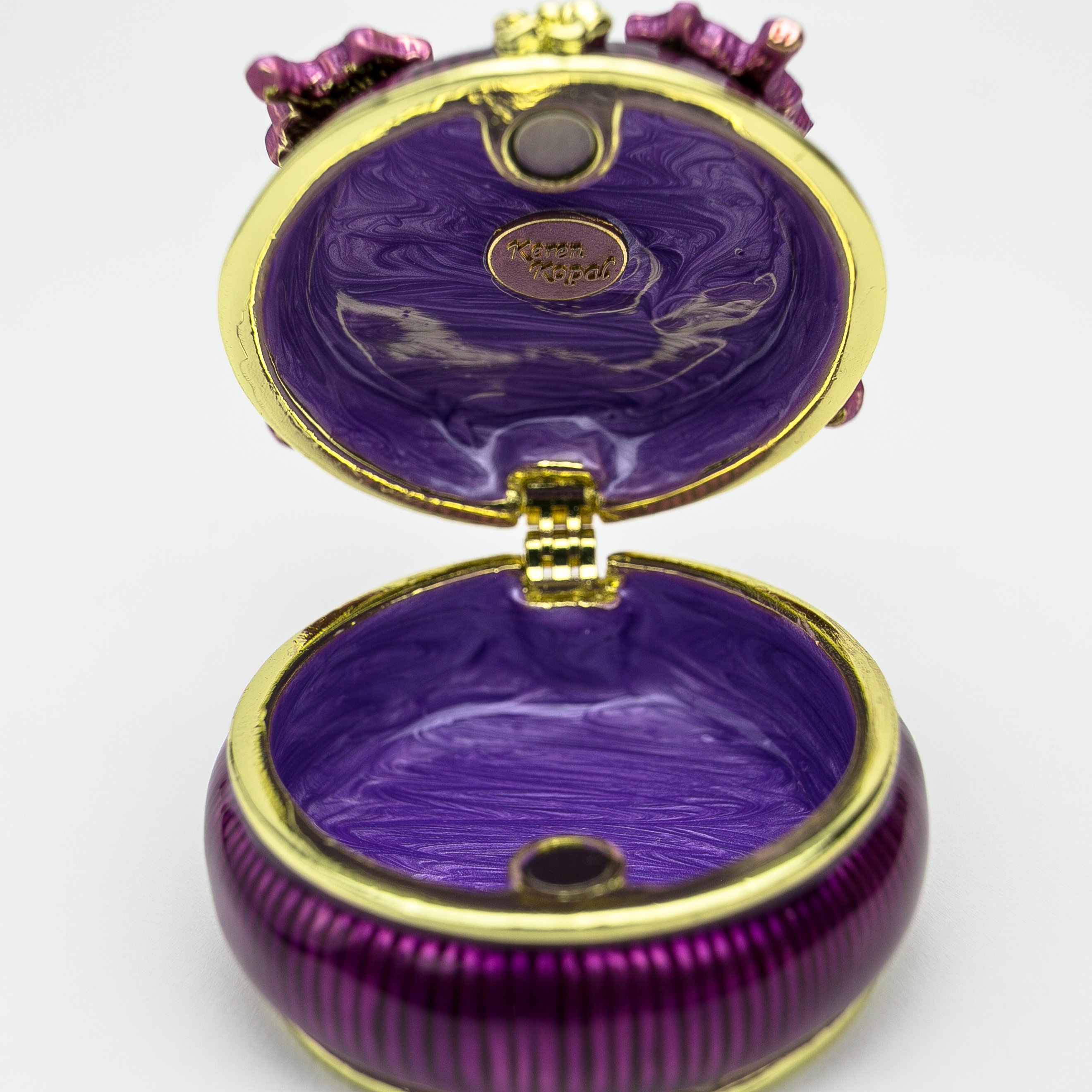 Purple trinket box with butterfly design, adorned with Austrian crystals and gold or silver plating.