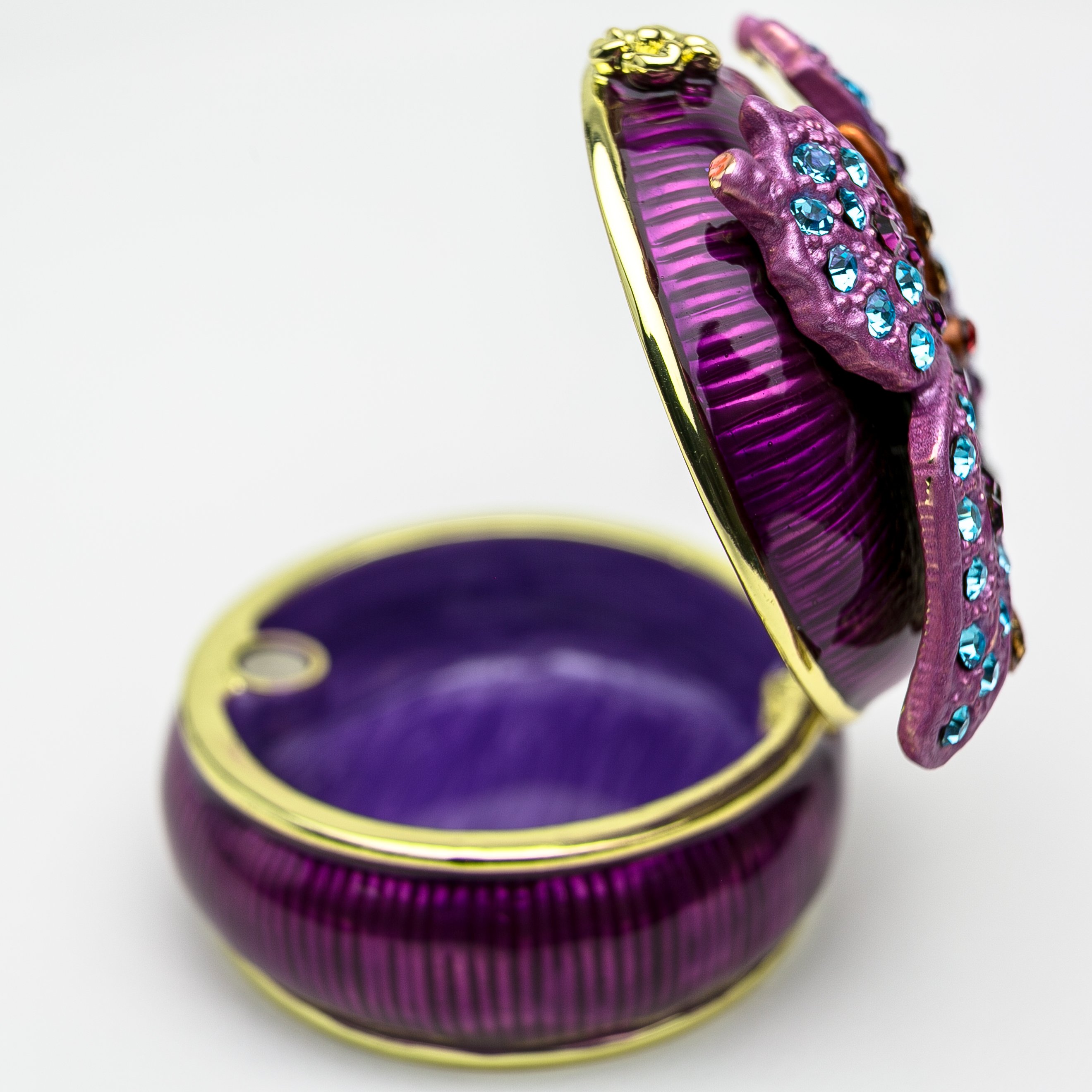 Purple trinket box with butterfly design, adorned with Austrian crystals and gold or silver plating.